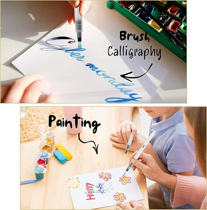 Mr. Pen Watercolor Brush Pens, 6 pcs, Pointed & Flat Tips, Nylon Bristles, White, Refillable, Portable Ink/Water Brush