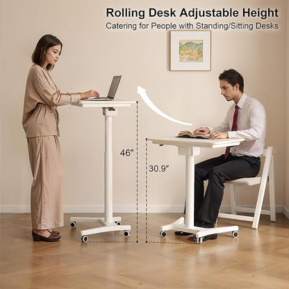 Rolling Standing Desk,Portable Standing Desk with Wheels Adjustable Height Desk Mobile Standing Desk for Home Office, Bedroom,Couch（White）