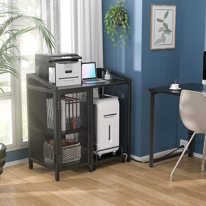 Unikito File Cabinet with Paper Shredder Stand On Wheel, Modern Vertical Filing Cabinet with Socket and USB Charging Port, Large Printer Stand with Adjustable Storage Shelf Rack for Home Office, Black