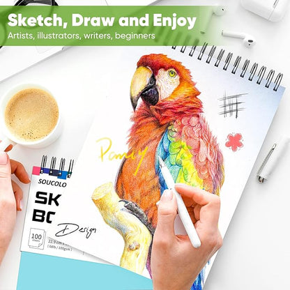 Soucolor 9" x 12" Sketch Book, 1-Pack 100 Sheets Spiral Bound Art Sketchbook, Acid Free (68lb/100gsm) Artist Drawing Book Paper Painting Sketching Pad for Kids Students Adults Beginners