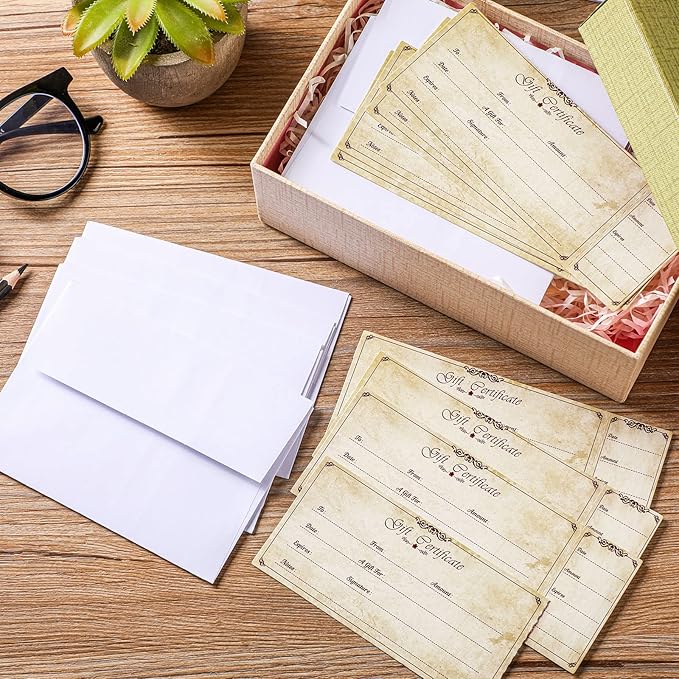 Sinmoe 50 Sets Gift Certificate for Business with 50 Pcs Envelopes Blank Gift Certificate Cards with Name and Address Rustic for Beauty Salon Restaurants Birthday(4.72 x 2.36 Inch, Retro Style)