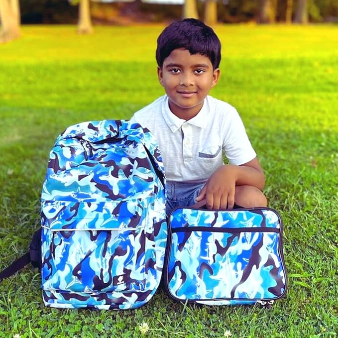 Fenrici Shark Backpack for Boys, Girls, Kids’ Camo Backpack for School, Lightweight, Durable, Multiple Compartments, Blue