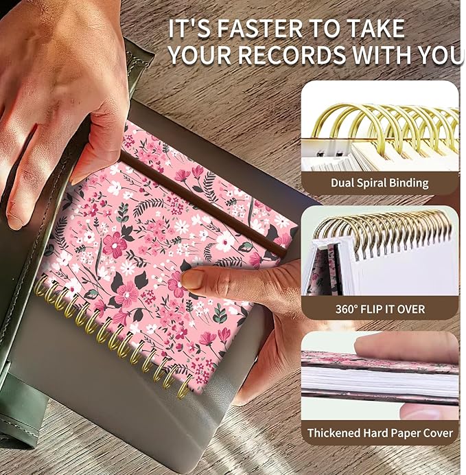 Spiral Journal Notebook, A5 Cute Notebooks for Women Men, College Ruled Hardcover Notebook for Work & Note Taking, 60 Pages Double-Wire Journals for Writing Pink Boho Flowers