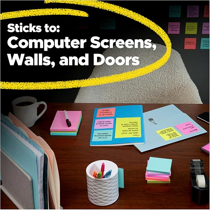 Post-it Super Sticky Notes, 8 Sticky Note Pads, 1.875 x 1.875 in., Back to School Supplies for Students, Ideal for Textbooks, Notebooks, and Vertical Surfaces, Playful Primaries Collection