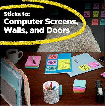 Post-it Super Sticky Notes, 8 Sticky Note Pads, 1.875 x 1.875 in., Back to School Supplies for Students, Ideal for Textbooks, Notebooks, and Vertical Surfaces, Playful Primaries Collection