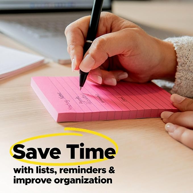 Post-it Super Sticky Lined Notes, 3 Sticky Note Pads, 4 x 6 in., School Supplies for Students, Ideal for Textbooks, Notebooks, Walls and Vertical Surfaces, Supernova Neons Collection