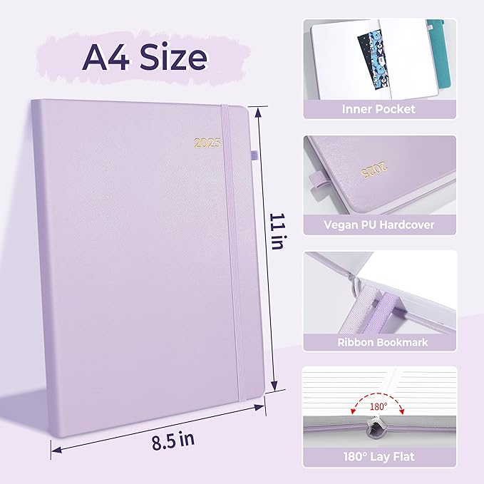 SUNEE 2025 Weekly & Monthly Hardcover Planner 8" x 11" - 12 Month (January 2025 - December 2025), Small Hardcover Planner, Pocket, Notes, 100 GSM Paper, Light Purple