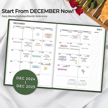 SUNEE 2025 Weekly & Monthly Hardcover Planner 5.5" x 8.3" - 12 Month (January 2025 - December 2025), Small Hardcover Planner, Pocket, Notes, 100 GSM Paper, Deep Green