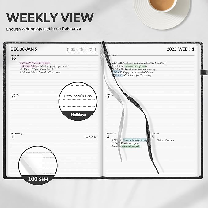 SUNEE 2025 Weekly & Monthly Hardcover Planner 8" x 11" - 12 Month (January 2025 - December 2025), Small Hardcover Planner, Pocket, Notes, 100 GSM Paper, Black