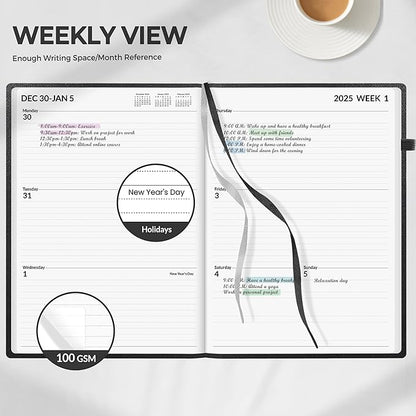 SUNEE 2025 Weekly & Monthly Hardcover Planner 8" x 11" - 12 Month (January 2025 - December 2025), Small Hardcover Planner, Pocket, Notes, 100 GSM Paper, Black