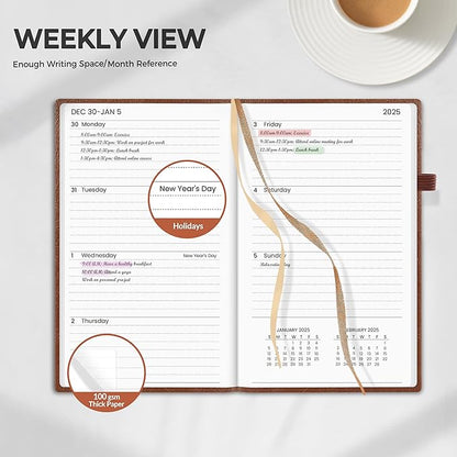 SUNEE 2025 Pocket Weekly Planner for Purse 3.5" x 6" - 12 Month (January 2025 - December 2025), Pocket Size Planner, Hardcover, Notes, Pocket, 100 GSM Paper, Brown