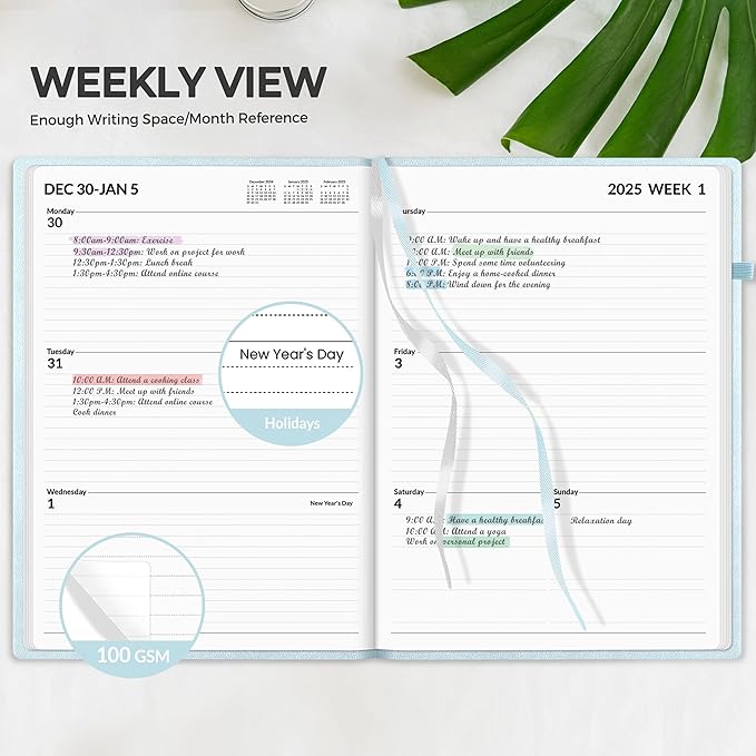 SUNEE 2025 Weekly & Monthly Hardcover Planner 8" x 11" - 12 Month (January 2025 - December 2025), Small Hardcover Planner, Pocket, Notes, 100 GSM Paper, Grey Blue