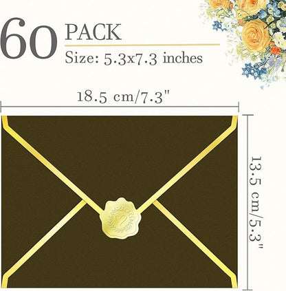 60 Pack Gold Envelopes 5x7 Bulk Tan Brown, 250G Pearled Cardstock A7 Envelopes for Invitations Business Mailing Envelope with Gold Foil Border, A6 4x6 Envelopes for Wedding Baby Shower Cards