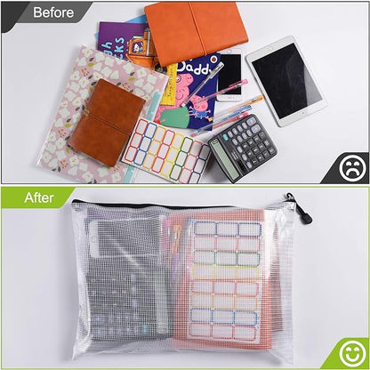 Mesh Zipper Pouch, 6PCS Waterproof Plastic Mesh ZipperBag, A4 Size Tear-Resistant Document Pouch, Extra Large Zip File Bags, for School Office Supplies Home Travel Storage(13.5×9.5 Inch)