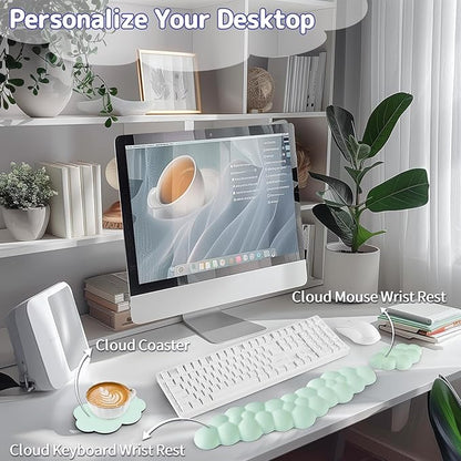 Cloud Wrist Rest Keyboard, Cloud Keyboard Wrist Pad Set with PU Leather Memory Foam, Cute Arm Rest for Palm Support, PC/Gaming Desk Accessories/Office Setup/Computer Hand Cushion-Light Green
