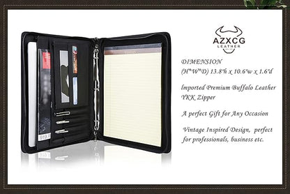 AZXCG Leather Portfolio for Men, 3 Ring Binder Professional Resume Portfolio Folder, Business Organizer Padfolio with YKK Zipper, Document Work Folio for 8.5x11 Writing Pad, Black