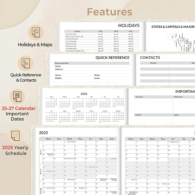SUNEE 2025 Weekly & Monthly Hardcover Planner 5.5" x 8.3" - 12 Month (January 2025 - December 2025), Small Hardcover Planner, Pocket, Notes, 100 GSM Paper, Beige