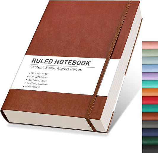 RETTACY Journaling Notebooks, B5 Lined Journal Notebook with 320 Numbered Pages, 7.6" × 10", Medium Size, Journal Notebook for Writing, Work, School, Leather Softcover, 100 GSM Thick Paper (Brown)