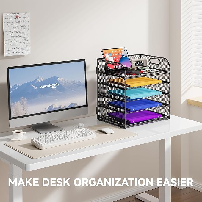 5 Tier Paper Organizer with Handle, Metal Mesh Desk Organizer File Folder Organizer Paper Letter Tray Desktop Document Sorter for Classroom, School, Office Organization and Storage - Black