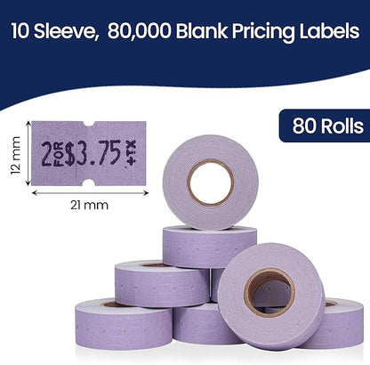 Perco 2 Line Lavender Labels - 80 Rolls, 10 Sleeves, 80,000 Blank Price and Date Gun Labels for Perco 2 Line Price and Date Guns - Made in USA