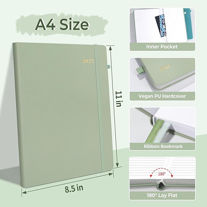 SUNEE 2025 Weekly & Monthly Hardcover Planner 8" x 11" - 12 Month (January 2025 - December 2025), Small Hardcover Planner, Pocket, Notes, 100 GSM Paper, Sage Green