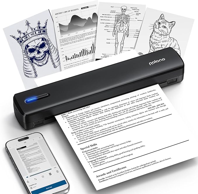 POLONO Portable Printer Wireless for Travel, D810 Bluetooth Thermal Printer Support for 8.5"x11" US Letter, Inkless Compatible with iOS, Android, Laptop for Office, Car and Home, Black