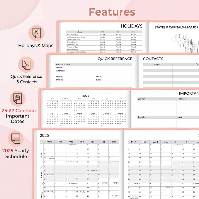 SUNEE 2025 Weekly & Monthly Hardcover Planner 8" x 11" - 12 Month (January 2025 - December 2025), Small Hardcover Planner, Pocket, Notes, 100 GSM Paper, Peach Pink