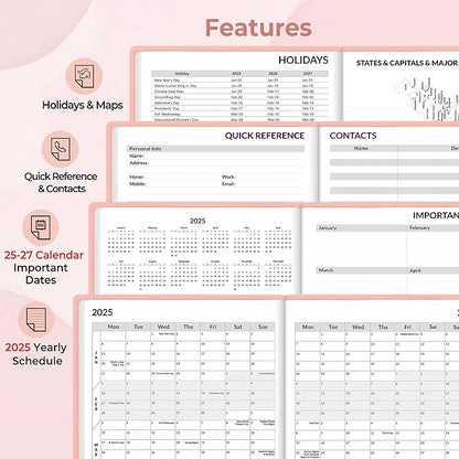 SUNEE 2025 Weekly & Monthly Hardcover Planner 8" x 11" - 12 Month (January 2025 - December 2025), Small Hardcover Planner, Pocket, Notes, 100 GSM Paper, Peach Pink