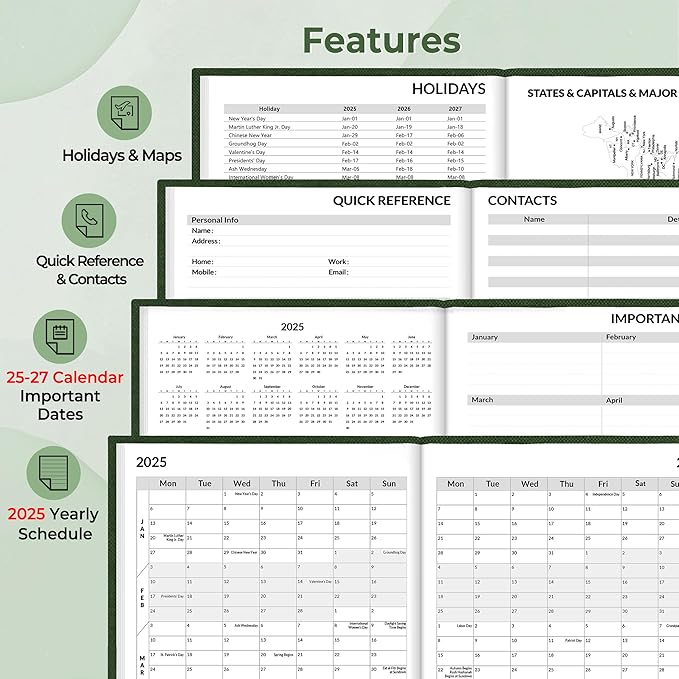 SUNEE 2025 Weekly & Monthly Hardcover Planner 5.5" x 8.3" - 12 Month (January 2025 - December 2025), Small Hardcover Planner, Pocket, Notes, 100 GSM Paper, Deep Green
