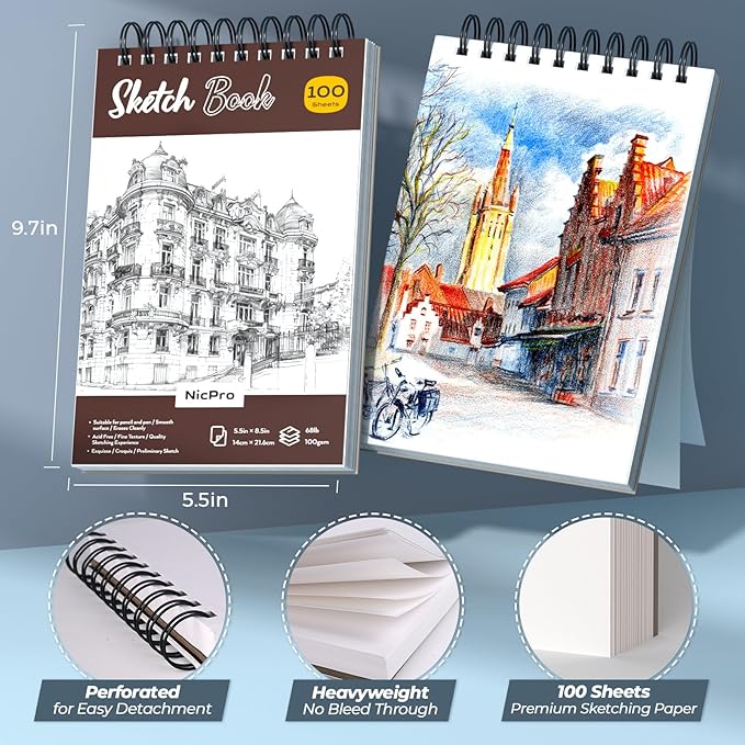 Nicpro 58 PCS Art Drawing Supplies Kit in Leather Case, Art Mechanical Pencil Set with 6 Metal Drafting Pencil 0.5 & 0.7 & 0.9 & 2mm, 12 Micron Pen, Sketch Book, 30 Tube Lead Refills for Sketching