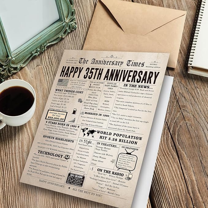 Big 35th Anniversary Card for Him Her, Retro 35 Year Anniversary Card Gift for Wife Husband Couple, Vintage Coral Wedding Gifts for Couples Parents