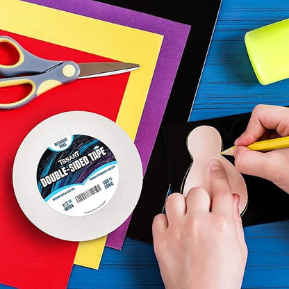 Ultra-Thin Permanent Double-Sided Tape - Double Sided Adhesive Sticky Tape for Arts, Crafts, Photography, Scrapbooking, Tear-by-Hand, Paper Backing - Acid Free 1/2Inch Wide 180FT Long