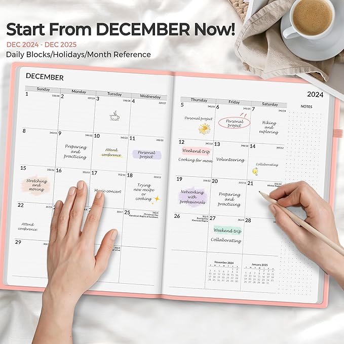 SUNEE 2025 Weekly & Monthly Hardcover Planner 8" x 11" - 12 Month (January 2025 - December 2025), Small Hardcover Planner, Pocket, Notes, 100 GSM Paper, Peach Pink