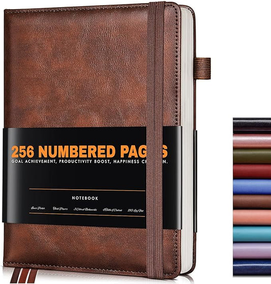 Lined Journal Notebook for Women Men, 256 Numbered Pages Hardcover Leather Journals for Writing, A5 Journaling Notebooks, College Ruled Journal for Business Work School Note Taking 5.75" x 8.38" Brown
