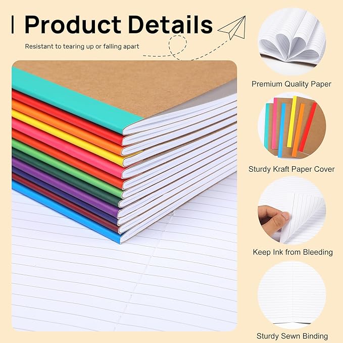 miikoul 36 Pack Composition Notebooks Bulk, A5 Kraft Lined Notebooks College Ruled Journal withs Rainbow Spines, 60 Pages Travel Journals for School Office Supplies,8.3"x 5.5",12 Colors