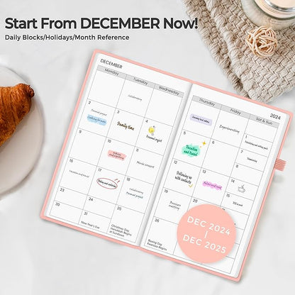 SUNEE 2025 Pocket Weekly Planner for Purse 3.5" x 6" - 12 Month (January 2025 - December 2025), Pocket Size Planner, Hardcover, Notes, Pocket, 100 GSM Paper, Peach Pink