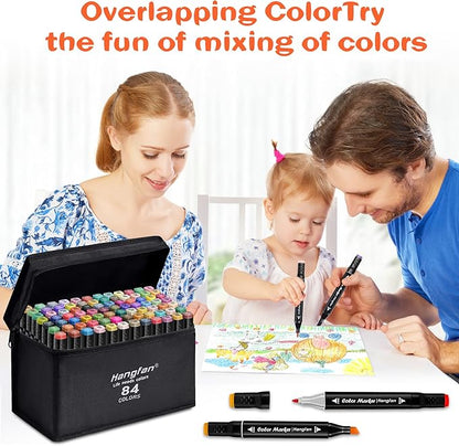 Alcohol,84 Colors Dual Tip Coloring Markers for Adults,Markers for Adults,Give 1 White Highlighter,1 Tracing Pen,Coloring Illustrations Sketch Drawing Painting Card Making(Black Pen Container)