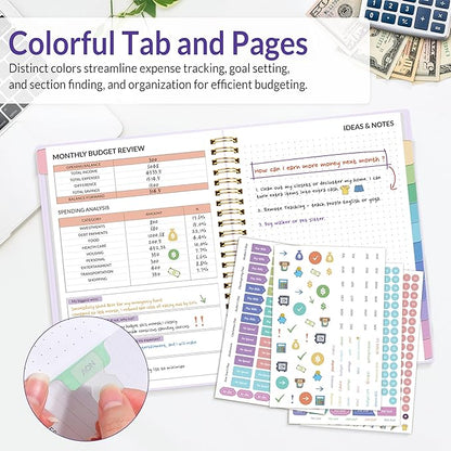 SUNEE Budget Planner - Monthly Budget Book with Expense Tracker Notebook, Undated 12 Month Bill Organizer & Finance Planner to Manage Your Money, A5(6.4" x 8.3") Account Book with Colorful Tab, Purple