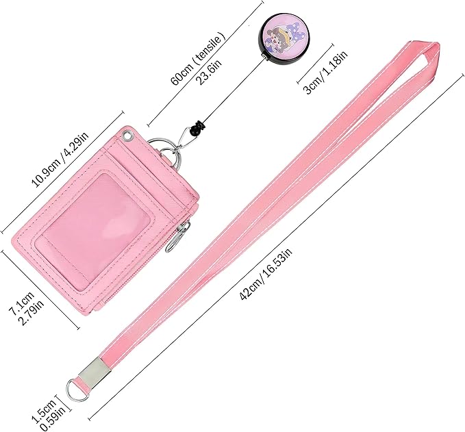 Cute ID Badge Holder Retractable Lanyard Reel Clip with Heavy Duty Carabiner,5 Card Slots in2 Sided with Key Ring and Zipper for Students Teens Boys Girls Office Staff Women (Purple Girl)