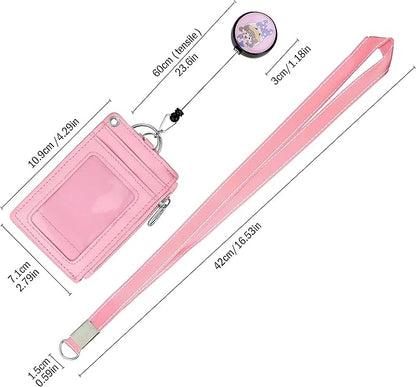 Cute ID Badge Holder Retractable Lanyard Reel Clip with Heavy Duty Carabiner,5 Card Slots in2 Sided with Key Ring and Zipper for Students Teens Boys Girls Office Staff Women (Purple Girl)