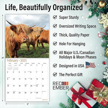 RED EMBER Highland Cattle 2025 Wall Calendar 12 Month | 12" x 24" Open | Thick & Sturdy Paper | Giftable | Calendar 2025