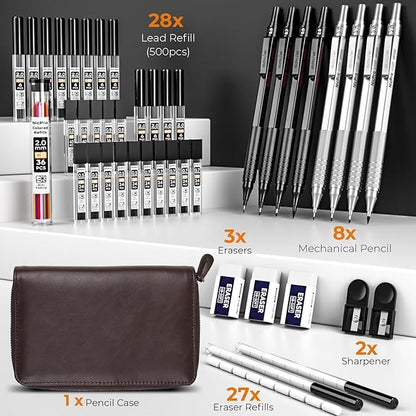 Nicpro 45PCS Black & Silver Metal Mechanical Pencil Set in Leather Case, Art Drafting Pencil 0.5, 0.7, 0.9 mm, 2mm Lead Holders for Sketching Drawing With 27 Tube (6B 4B 2B HB 2H 4H Colors)Lead Refill