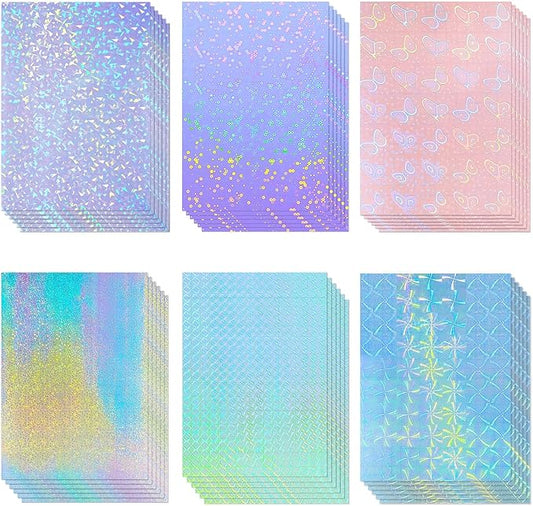 36 Sheets Holographic Sticker Paper Clear A4 Vinyl Sticker Paper Self Adhesive Waterproof Transparent Film Gem Rainbow Star Patterns, 11.7 x 8.3 Inch (Gem,Dot,Butterfly,Grid,Sand Star,Wind Mill)