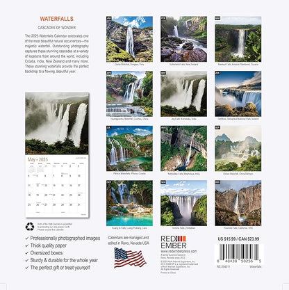 RED EMBER Waterfalls 2025 Wall Calendar 12 Month | 12" x 24" Open | Thick & Sturdy Paper | Giftable | Calendar 2025