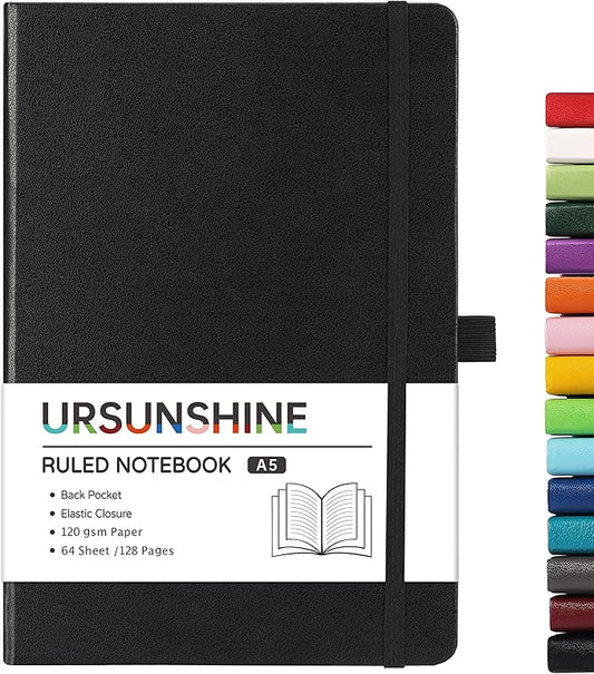 Ruled Notebook/Journal - Classic Lined Journal/Notebook, 5.3" x 8.26", Hardcover with Thick Paper, Banded + Pen Holder +Inner Pocket - Black