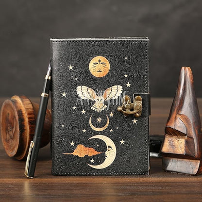 Handmade Leather Journal, Black, Sun & Moon Design, 7 x 5 Inch, 200 Unruled Pages, Hand Embossed, White Paper, Brass Clasp Lock, Vintage Notebook Diary, Sketchbook for Artists & Writers