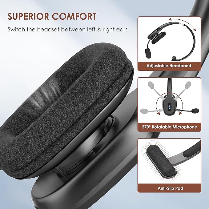 Bluetooth Headset, Trucker Bluetooth Headset with Microphone, 60 Hours Working Time Wireless on-Ear Headset for Computer Cell Phone Trucker Home Office Work (Black)