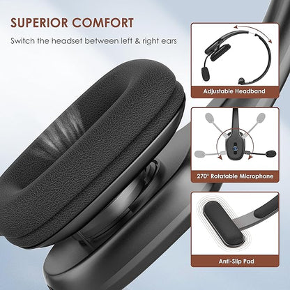 Bluetooth Headset, Trucker Bluetooth Headset with Microphone, 60 Hours Working Time Wireless on-Ear Headset for Computer Cell Phone Trucker Home Office Work (Black)