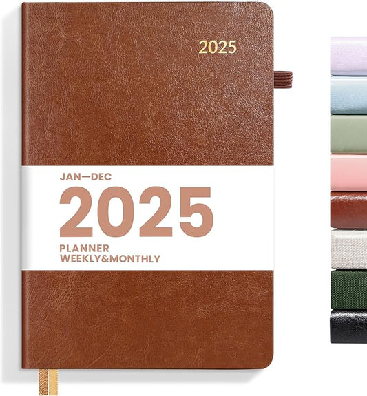 SUNEE 2025 Weekly & Monthly Hardcover Planner 5.5" x 8.3" - 12 Month (January 2025 - December 2025), Small Hardcover Planner, Pocket, Notes, 100 GSM Paper, Brown