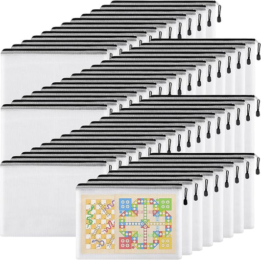 LABUK 52 Pack Mesh Zipper Pouch Bags, A4 Letter Size Zipper Pouch for Organizing, Clear Waterproof Plastic Zipper Bags, File Bag for School Classroom Block Games and Office Supplies